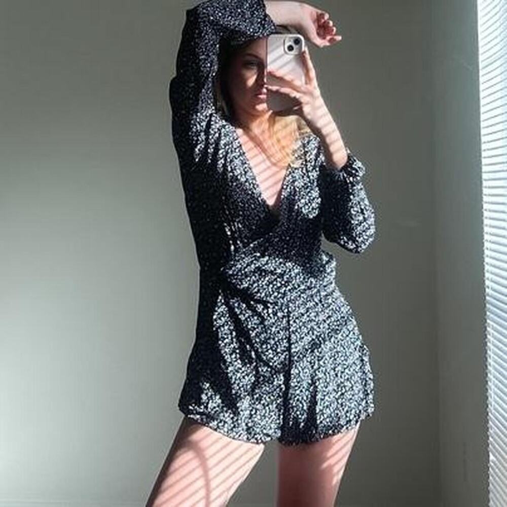 vintage floral long sleeve romper with plunging vneck